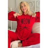 Kırmızı Meow Desenli Tam Peluş Pijama Takımı