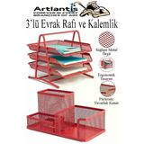 Kırmızı Metal Evrak Rafı 3 Lü Ve Masaüstü Kalemlik 1 Paket Masaüstü A4 Dosya 3 Katlı Düzenleyici Kağıt Tepsisi Metal