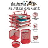 Kırmızı Metal Evrak Rafı 3 Lü Ve Masaüstü Kalemlik 3 Lü 1 Paket Masaüstü A4 Dosya 3 Katlı Düzenleyici Kağıt Tepsisi