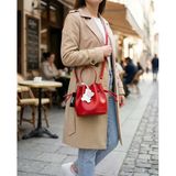 Kırmızı Mini Bucket Çanta Ayıcık Aksesuarlı, Uzun Askılı