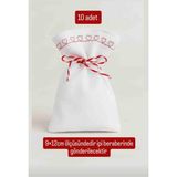 Kırmızı Nakışlı Beyaz Renk Ham Bez Kese 9×12CM 10 Adet- Düğün, kınagecesi, Mevlit -Çok Amaçlı Bez Kese Bez Poşet