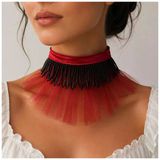 Kırmızı Organze Tül - Saten - Siyah El İşi Boncuk Kadın Choker
