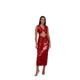 Kırmızı Payetli Uzun Gece Elbisesi, Seksi Kesim, Belden Çıtçıtlı (Scarlat Glam) (Kırmızı, 42)