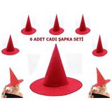 Kırmızı Renk Keçe Cadı Şapkası Yetişkin Çocuk Uyumlu 6 Adet P79614s4093