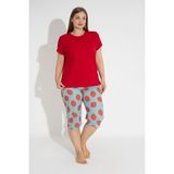 Kırmızı Renkli Çilek Desenli Kısa Kollu Rahat Kesim Büyük Beden Kapri Pijama Takımı 30002 - 6XL - 00Kırmızı
