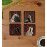 Kırmızı Retro Halı ve At Temalı Ahşap Bardak Altlığı Seti, Şık ve Rustik Ev Dekoru - 3mm mdf