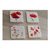 Kırmızı Şakayıklar Doğal Taş Bardak Altlığı 4'lü set - Natural Stone Coasters