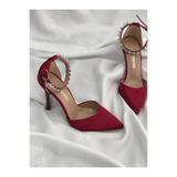 Kırmızı Saten Topuklu Taşlı Stiletto Abiye Ayakkabı Topuk Boyu 9 Cm Kırmızı 40
