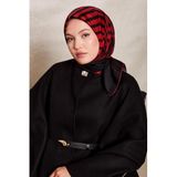 Kırmızı Şerit Desenli Twill İpek Eşarp