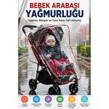 Kırmızı Şeritli Universal Bebek Arabası Yağmurluğu Şeffaf Pvc Yağmur Rüzgar Toz Koruyucu Kılıf