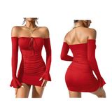 Kırmızı Straplez Mini Elbise, Uzun Kollu, Büzgülü, Fırfırlı Detaylı, Bağcıklı Göğüs (L/XL)
