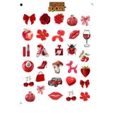 Kırmızı Temalı Dekoratif Sticker Seti, Çiçekler, Kalpler, Fiyonklar ve Semboller