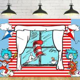Kırmızı ve Mavi Çizgili Fon Parti Malzemeleri Dr Seuss Doğum Günü Teması Fotoğraf Arka Plan Şapkalı Kedi Afiş Doğum Günü Partisi Caketable Dekorasyon 5x3ft