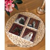 Kırmızı Vintage Halı ve At Figürlü Doğal Taş Bardak Altlığı Seti - Şık ve Dekoratif Tasarım (4’lü Set) - 10 x 10 cm