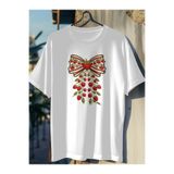 Kırmızı Yeşil Çilek Kurdele Fiyonk Baskılı Oversize Pamuklu Beyaz T-shirt kmn10sb