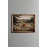 Kırsalda Otlayan İnek - Vintage Desenli Çerçeve - İnce Model, Altın1, 30 x 40