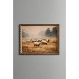 Kırsalda Otlayan Koyunlar - Vintage Desenli Çerçeve - İnce Model, Altın2, 21 x 30