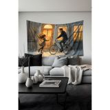 Kış Akşamı Kız ve Baba Desenli Duvar Halısı Duvar Örtüsü Tapestry Süetimsi Dokulu%100 Polyester Kumaş