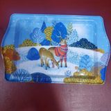 Kış Temalı Metal Servis Tepsisi, Geyik ve Orman Desenli, Mavi, 24.5x15.7 cm, Dekoratif Sunum Tepsisi