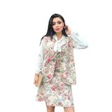 Kısa Çiçekli Yelek-Etek Takımı (2li Takım) (Krem-Pembe, S)