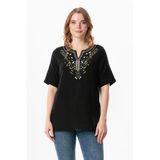 Kısa Kol Çiçek V Yaka Nakışlı Müslin Yazlık Bluz Siyah Syh 4Xl/5Xl Siyah