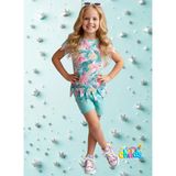 Kısa Kol Flamingo Baskılı Penye Lazer Kesimli Saçaklı Kız Çocuk T-Shirt Şortlu Takım - Turkuaz - Açık Yeşil - 7 - 8 Yaş