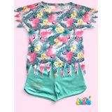 Kısa Kol Flamingo Baskılı Penye Lazer Kesimli Saçaklı Kız Çocuk T-Shirt Şortlu Takım - Turkuaz - Açık Yeşil - 9 - 10 Yaş