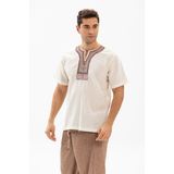 Kısa Kol Şile Bezi Bisiklet Yaka Etnik Erkek Yazlık T-shirt Krem Krm - XL