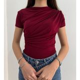 Kısa Kollu Bel Büzgülü Sandy Bluz - 12R-Bordo