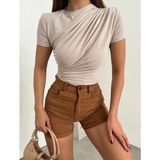 Kısa Kollu Bel Büzgülü Sandy Bluz - XL - Bej