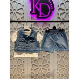 Kısa Kollu Beyaz Tişört Kot Yelek ve Kot Şort Kız ve Erkek Çocuk Unisex 3'lü Alt Üst Takım - Mavi - 3 Yaş