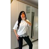 Kısa Kollu Bısıklet Yakalı Dantel Detaylı Vıskon Ikı Iplık Bluz - Beyaz / L-Xl