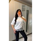 Kısa Kollu Bısıklet Yakalı Dantel Detaylı Vıskon Ikı Iplık Bluz