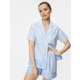 Kısa Kollu Pijama Üstü Çiçekli Düğmeli Gömlek Yaka Pamuklu