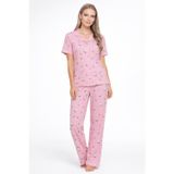 Kısa Kollu Yazlık Düğmeli Gömlek Yaka Yumuşak Dokulu Pembe Kadın Pijama Takımı