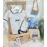 Kişiselleştirilebilir Müslin Bebek Seti, Nakışlı Tulum ve Aksesuarlar | İsim Nakışlı, Müslin Kumaş, Peluş Tavşan Dahil, Bebek Patiği Dahil, Yenidoğan Seti