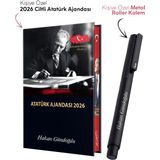Kişiye Özel 2026 Atatürk Ciltli Ajanda ve Metal Roller Kalem