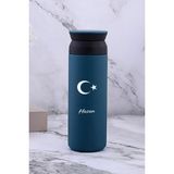 Kişiye Özel 500 ml Paslanmaz Çelik Ay Yıldız Baskılı Termos 8 Saat Isı Koruma Kahve ve Çay Termosu - Mavi