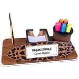 Kişiye Özel Ahşap Masa Isimliği | Kalemlikli ve Kartvizitlikli Ofis Seti - Kahve - Masa üstü isimlik - standart