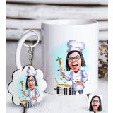 Kişiye Özel Anahtarlık ve Bayan Chef Karikatürlü Beyaz Kupa