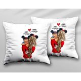 Kişiye Özel Anne Bebek Mickey Mouse Iki Adet Iki Tarafı Baskılı Yıkanabilir Yastık Kırlent Kılıfı - Krem - 43x43
