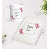 Kişiye Özel Çiçek Desenli Kapaklı Ajanda (13x21 cm) ve Beyaz Kupa (8x10 cm) – 2 Parçalık Hediye Seti