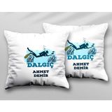 Kişiye Özel Dalgıç Iki Adet Iki Tarafı Baskılı Yıkanabilir Yastık Kırlent Kılıfı - Krem - 43x43