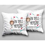 Kişiye Özel En Tatlı Hemşire Iki Adet Iki Tarafı Baskılı Yıkanabilir Yastık Kırlent Kılıfı - Krem - 43x43
