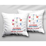 Kişiye Özel Fitness Eğitmeni Koşu Iki Adet Iki Tarafı Baskılı Yıkanabilir Yastık Kırlent Kılıfı - Krem - 43x43
