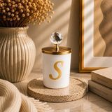 Kişiye Özel Harfli Kokulu Bardak Mum - Kristal Tepelikli Özel Tasarım Beyaz Cam Mum, Ev ve Oda Kokusu, Hediyelik Dekoratif Mum 150G (Gold, Okyanus, O)