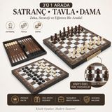 Kişiye Özel İsim Yazılabilir Lüks Ahşap Ceviz Görünümlü 3'ü 1 Arada Satranç Dama Tavla Seti 34 cm
