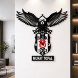 Kişiye Özel İsimli Beşiktaş Kartal Duvar Saati 45x40 Cm 3 Mm Mdf Lazer Kesim Siyah Beyaz