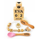 Kişiye Özel İsimli-Emzik 0-6 Aylık-Emzik Askısı Zinciri-Bebek Saç Fırçası Keçi Kılı-Çocuk Mama Kaşığı-Anı Küpü-Full Ahşap Olup Organik Doğal Set-Hediyelik-Yeni Doğan