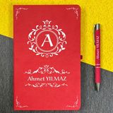 Kişiye Özel Isimli Siyah Ajanda Not Defteri ve Kalem Seti 2413B1002 - Kırmızı - Cizgili - 21x13 cm
